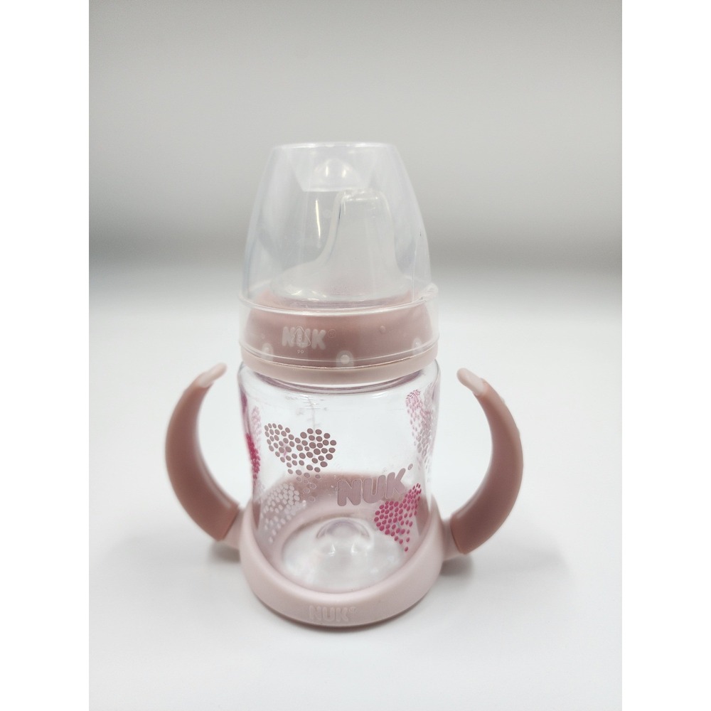 NUK Learner Cup 5oz Baby Transition Bottle Soft Spout Pink Hearts With Handles